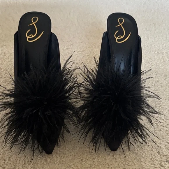 Sam Edelman Black Feather Pom Slide Mules - Picture 1 of 4